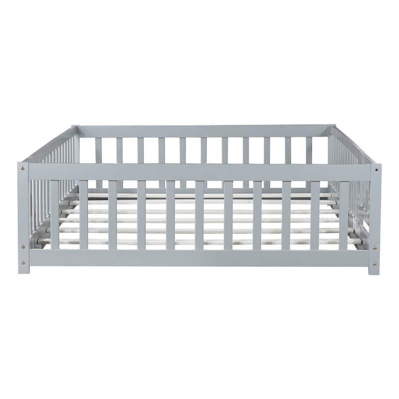 Full Size Floor Bed with Fence and Door,Rubber Wood Floor Bed with Safety Guardrails