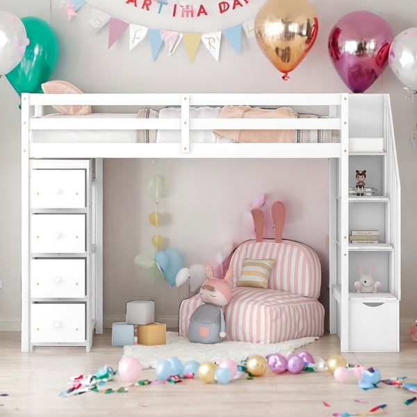 slide 2 of 9, Modern Twin Size Loft Bed With 4 Storage Drawers,Shelves and Stairs,Solid Construction White