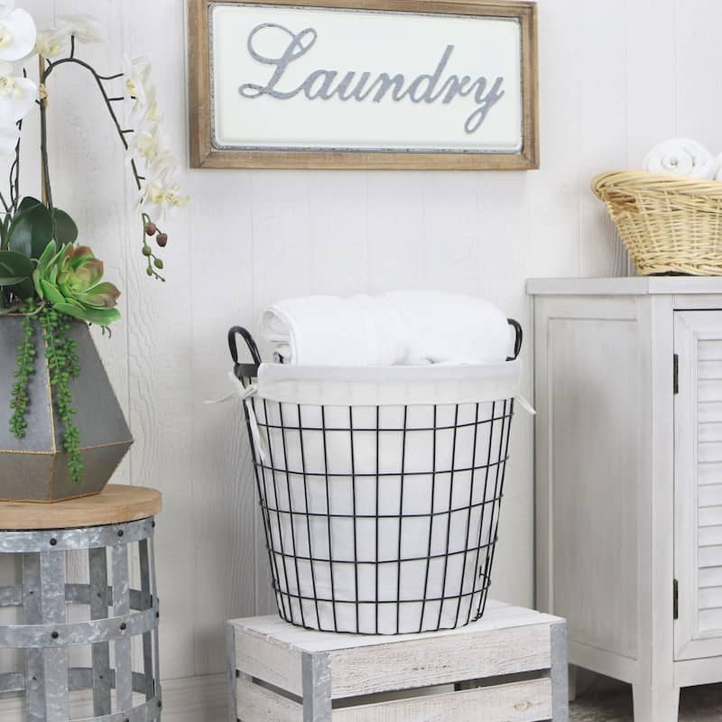 16" White and Black Lined Wire Basket with Handle