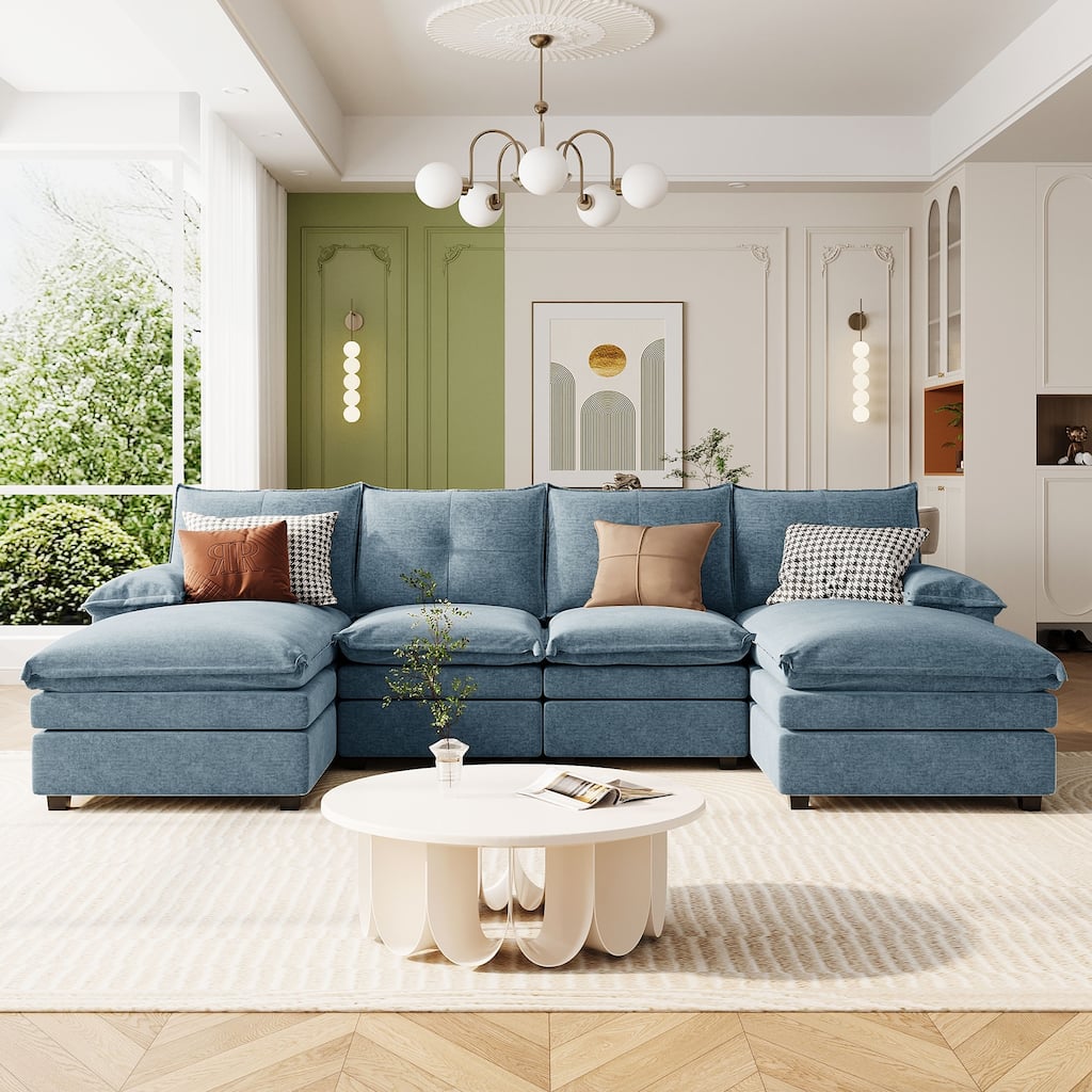 U-Shaped Comfy Cloud Couch, 6-Seat Chenille Deep Seat Sofa with Armrest Cushions