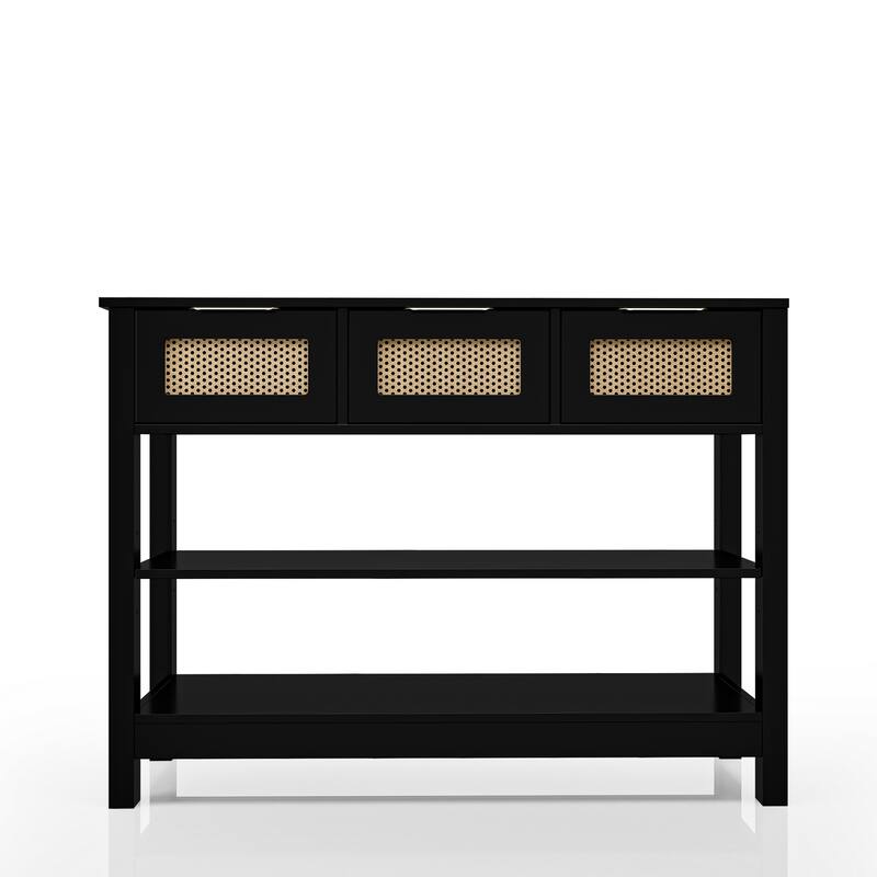 43.3" Sofa/Console Table - with 3 Top Drawers and 2 Open Shelves, Farmhouse Style - Black