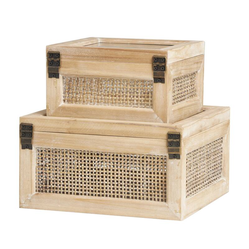 Wood Glass Top Box with Rattan Side Panels and Bronze Hook Closures - Set of 2 Light Brown - Roche River Decor