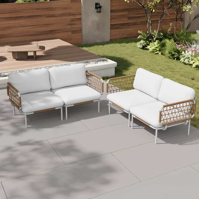 Pellebant Outdoor Patio Aluminum PE Rattan Sectional Sofa Conversation Seating Set with Cushions - Set of 4 - Beige