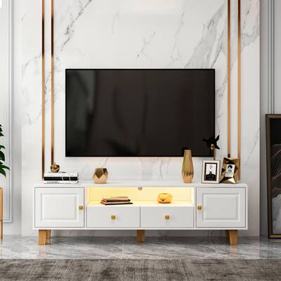 White 62.99" TV Stand with LED Remote Control Light, 2 Drawers and 2 Doors for TVs Up to 65"