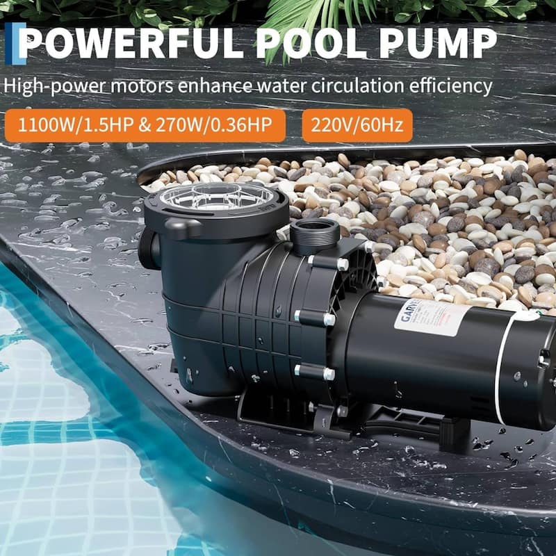 1100W 1.5 HP Dual Speed Swimming Pool Pump with Strainer Basket for Above and Ground Pool, 6500 GPH Max. Flow