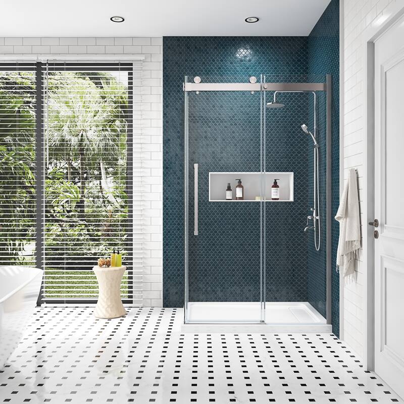 Bel Soft Close 3-Piece Base/Door Rectangular Corner Shower Kit (Left or Right Drain) - 48" - Satin Nickel