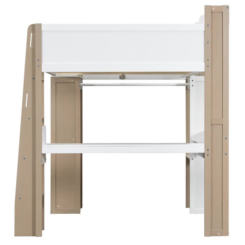 Full Size Wood Study Loft Bed with Built In Desk, Versatile Storage High Loftbed Frame with Shelves, Hanging Rod and Wardrobe
