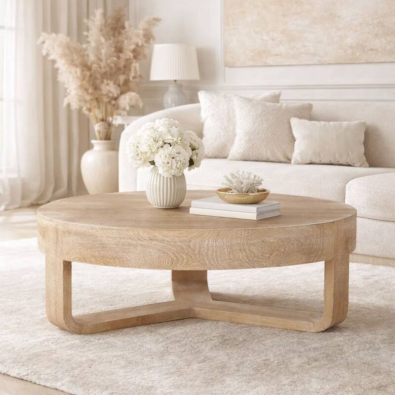 Milan Coffee Table, 32 Inch Round Top, Mango Wood with Sandblasted Natural Brown, Open Sled Base