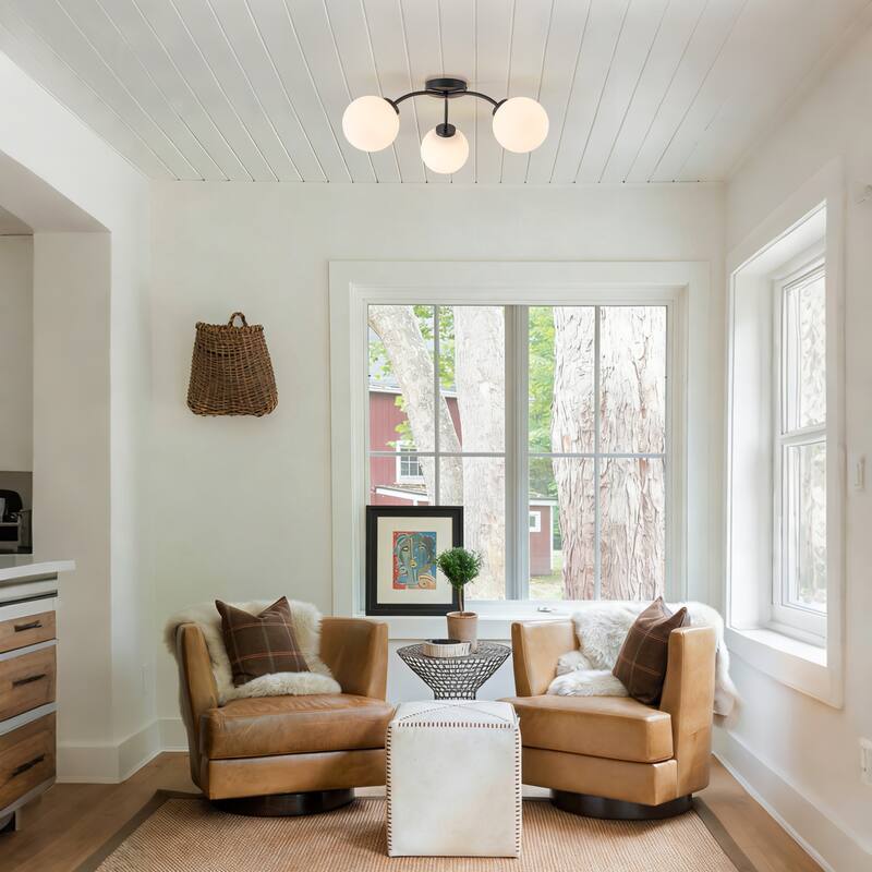 6-Light Brass Semi-Flush Mount Ceiling Light with Opal Glass Shades - 24.2-in W x 9.05-in H