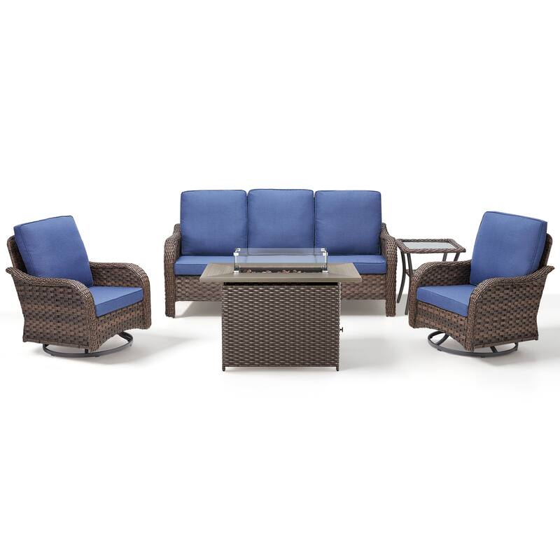 Pocassy Patio Funiture Sofa Swivel Chairs Ottoman with Fire Table Set