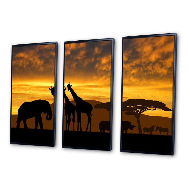 Designart "Giraffes and Elephant and Rhino" Animal Framed Wall Decor