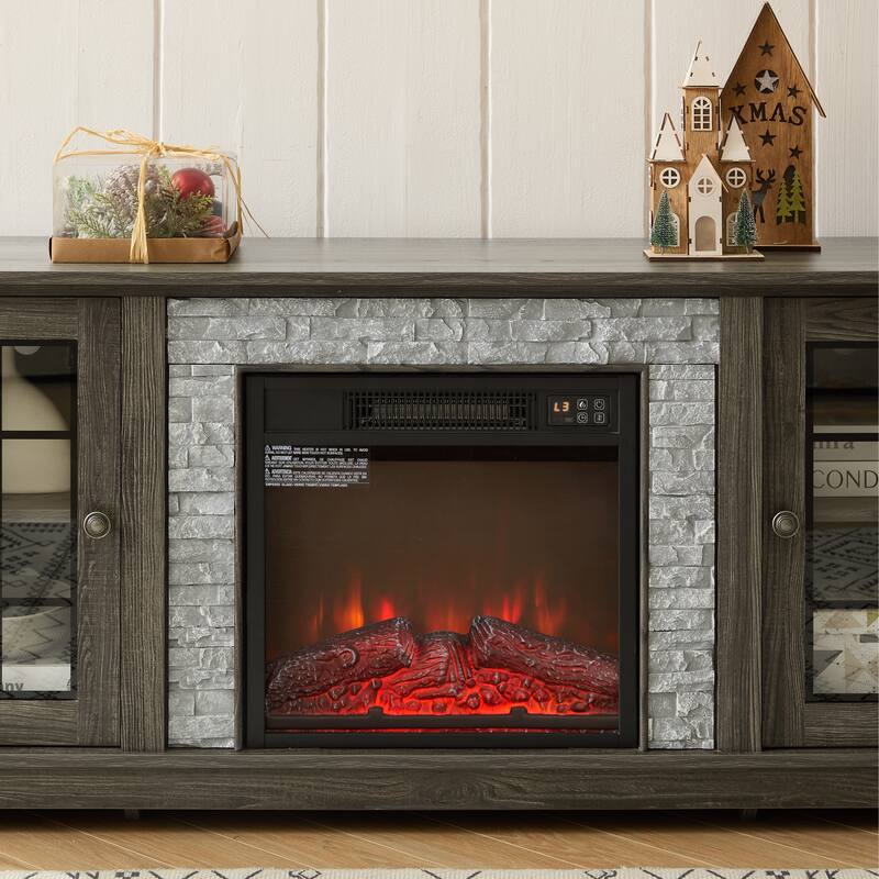 GDFStudio Eulalia Wood 2-Door Storage TV Stand with Faux Stone Mantle