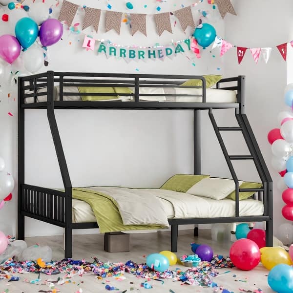 slide 2 of 10, Twin XL Over Queen Space-Saving Metal Bunk Bed with Ladder and Slats Support for Adults Teens, Black Black - Queen