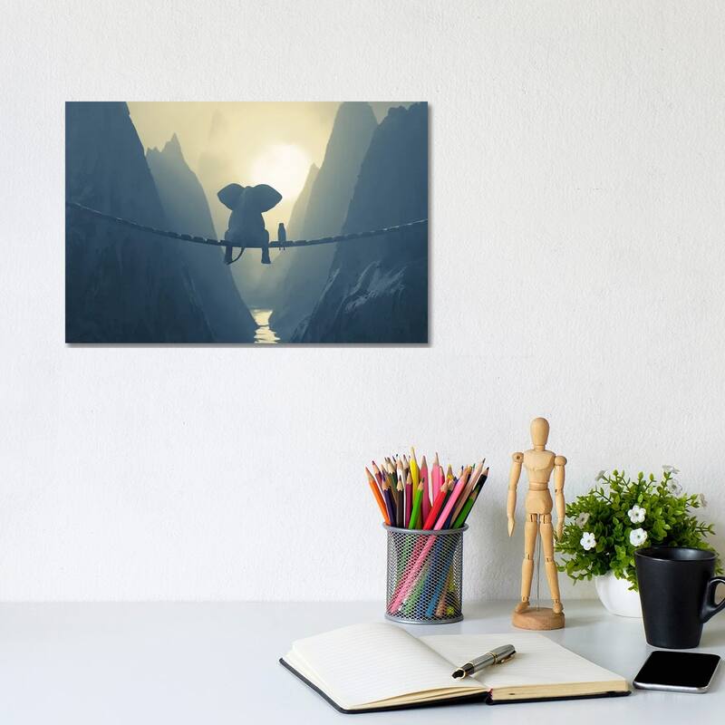 iCanvas "Elephant And Dog Sit On A Bridge Over A Precipice (Dualtone)" by Mike Kiev Canvas Print - 8x12x0.75