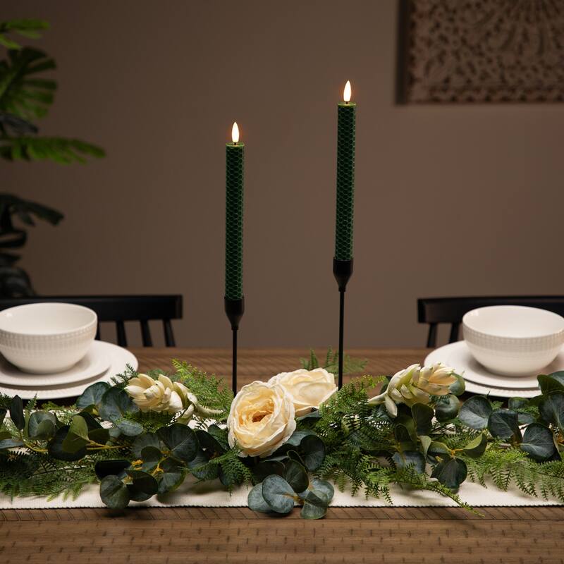 LED Flickering Flameless Taper Honeycomb Christmas Candles - 9.5" - Set of 2 - Green