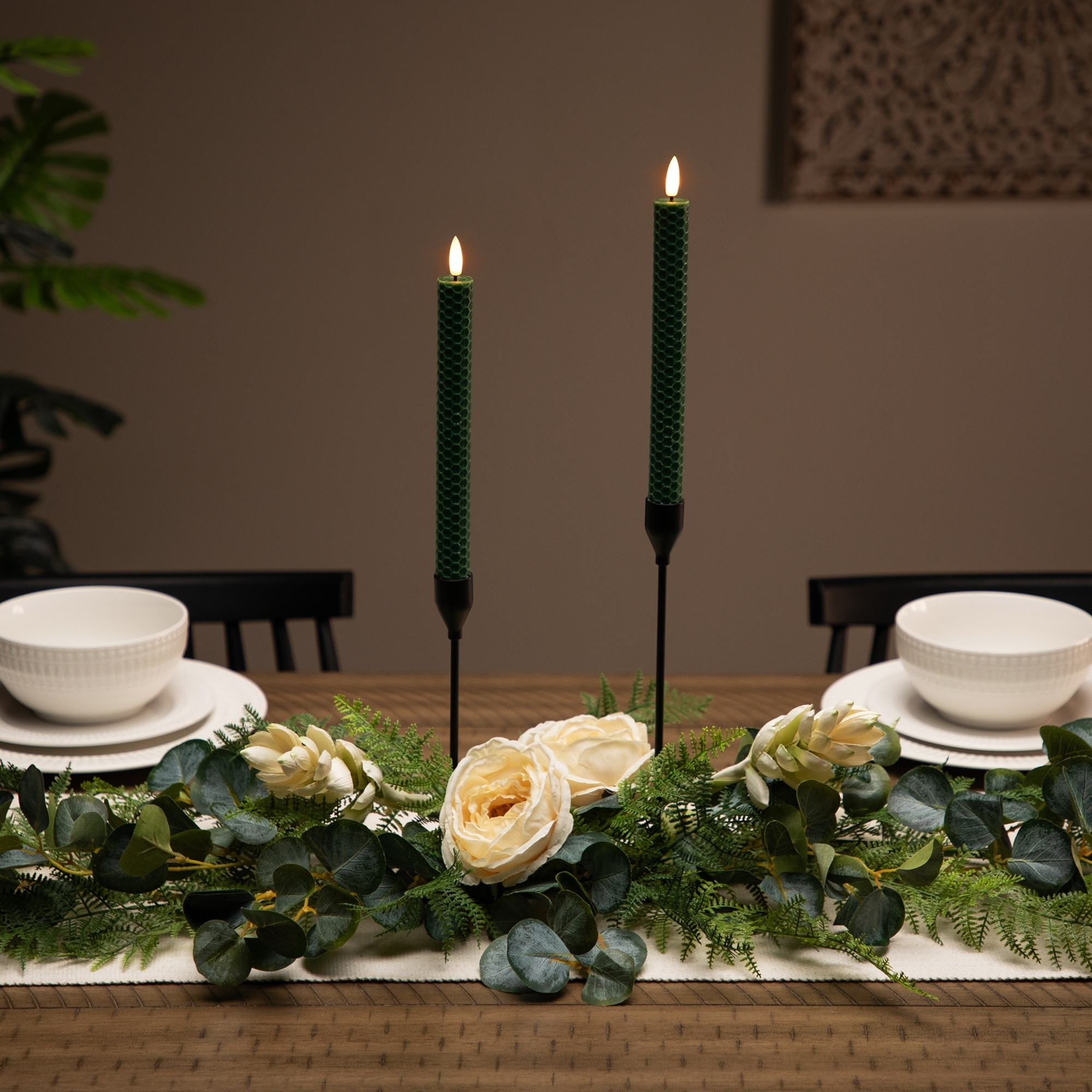 LED Taper Flickering Flameless Honeycomb Christmas Candles - 9.5" - Green - Set of 2