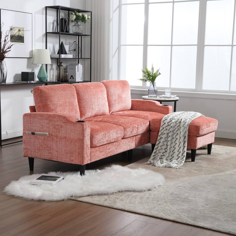 Modular Sectional Sofa with Storage Ottoman, Comfy Chenille Fabric Sofa, 3-Seater Sofa with Side Pockets & 2 Cup Holders