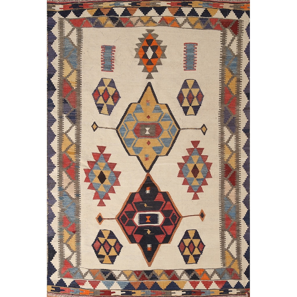 Tribal Beige Kilim Qashqai Persian Vintage Rug Hand-Woven Wool Carpet - 4'7" x 6'7"