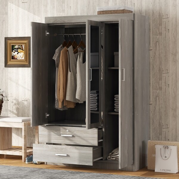 【2024秋冬新作】 Wardrobe Mirror 3-Door with Bed - Cabinet Storage shelves, タンス、衣類収納