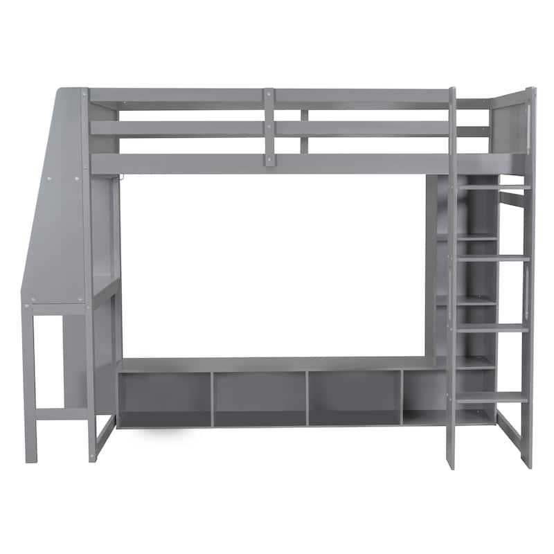 Multi-Functional Gaming Loft Bed with Built-in Desk & Storage Cabinets, Wood Bed Frame with LED and a Hanging Clothes Rack