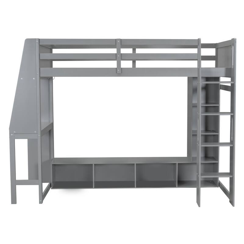 Teens Wood Gaming Loft Bed with Multi-Storage Shelves & Under-Bed Desk, Bedroom Bed Frame with LED & a Hanging Clothes Rack