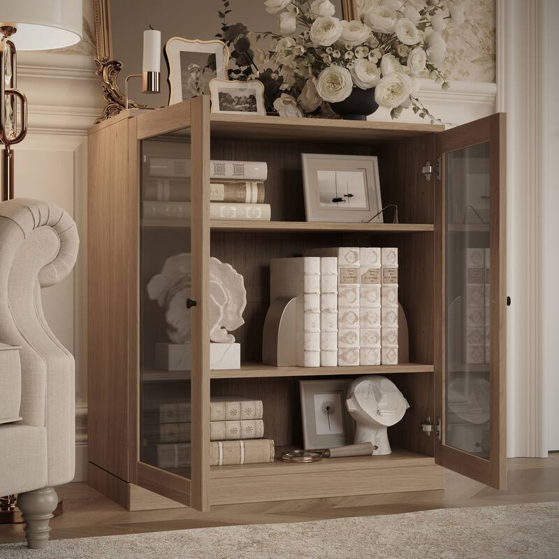 Palace Imports Premium 100% Solid European Oak Hardwood 3-Shelf Modular Bookcase with Tinted Glass Doors - 32" Wide, 35.75" Tall