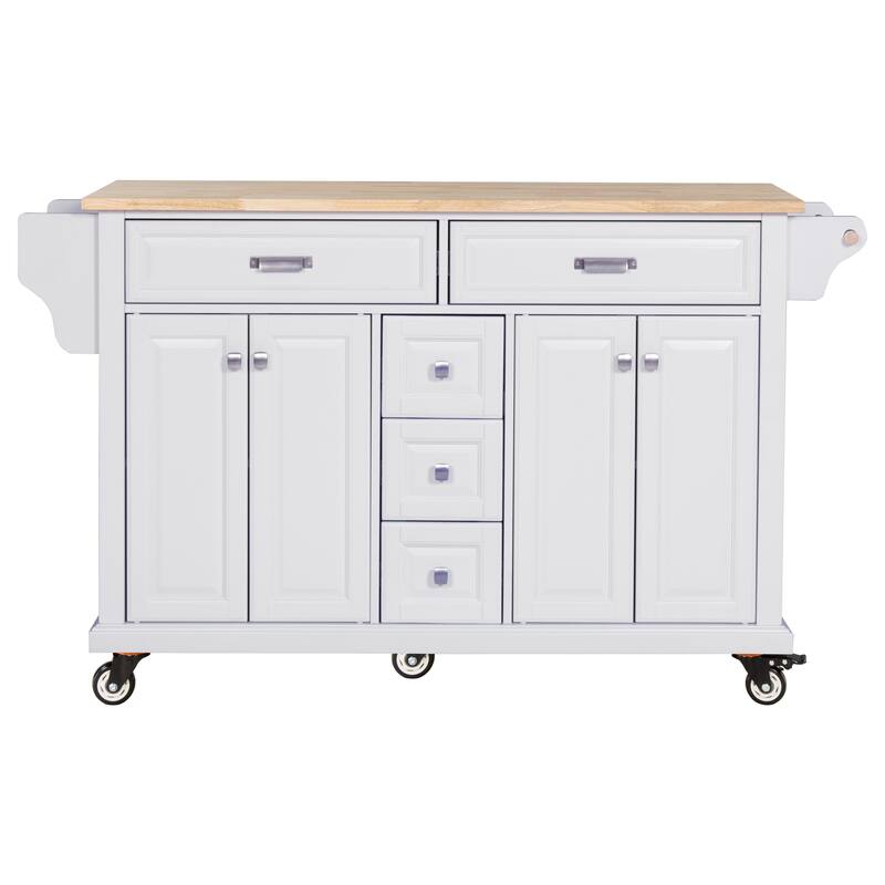 Kitchen Island with Rubber wood Countertop, Kitchen Cart on 5 Wheels with Storage Cabinet and 5 Drawers for Dinning Room