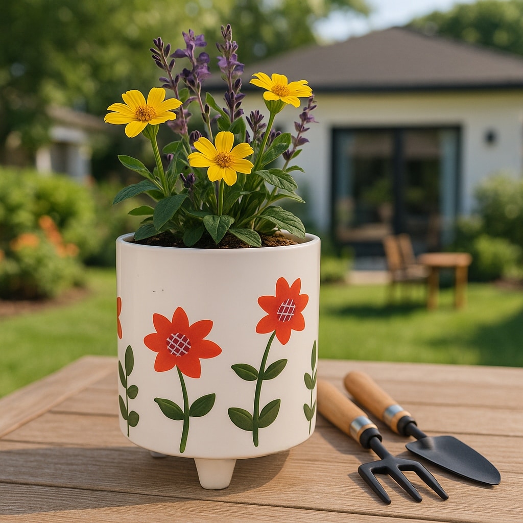 Plant Pot Set of 2 - Ceramic Floral Design, Footed, 6/8