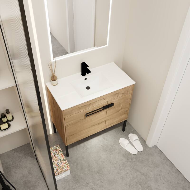 Bathroom Vanity with Ceramic Sink, Soft-Close Doors, Adjustable Shelf, Eco-Friendly Plywood - 36in L Plywood