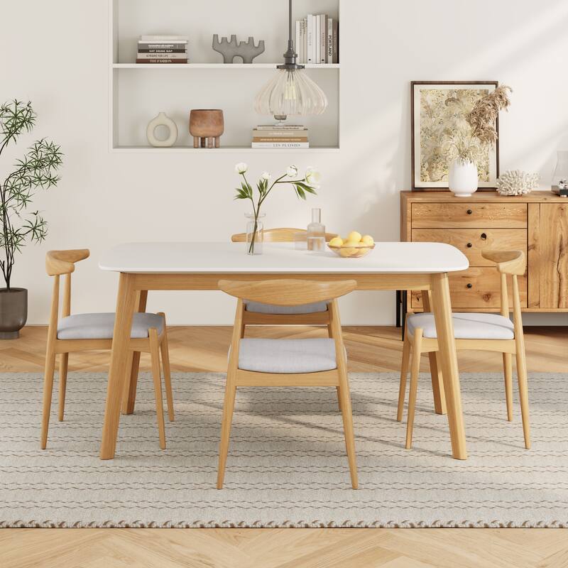 5-Piece, Mid-Century Modern Dining Table Set with Solid Wood Frame Table and 4 Chairs, for Kitchen, Dining Room, White Oak+Beige