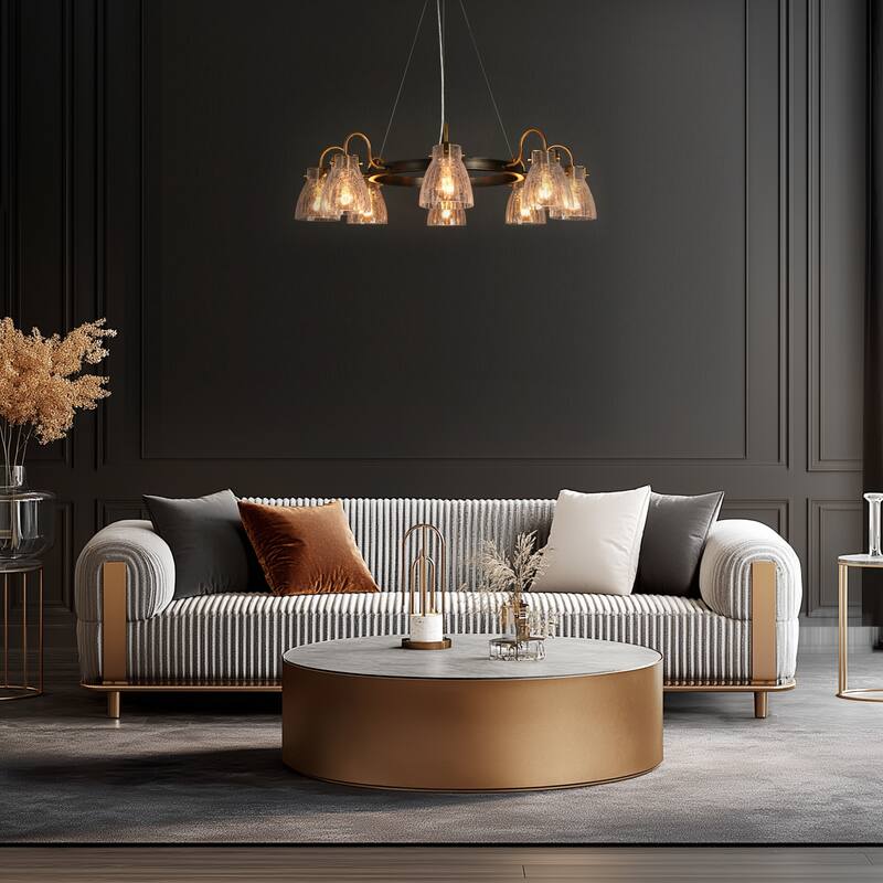 Modern 8-Light Wheel Chandelier Gold Art Glass Lights for Dining Living Room - D34.5" x H8.5"