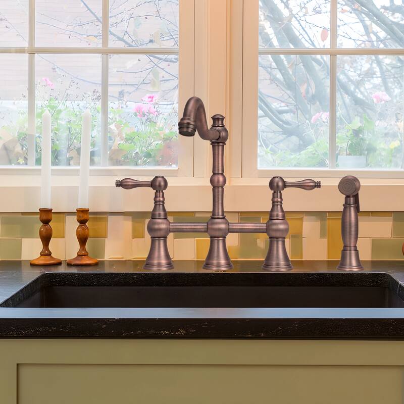 Two-Handles Bridge Kitchen Faucet with Side Sprayer