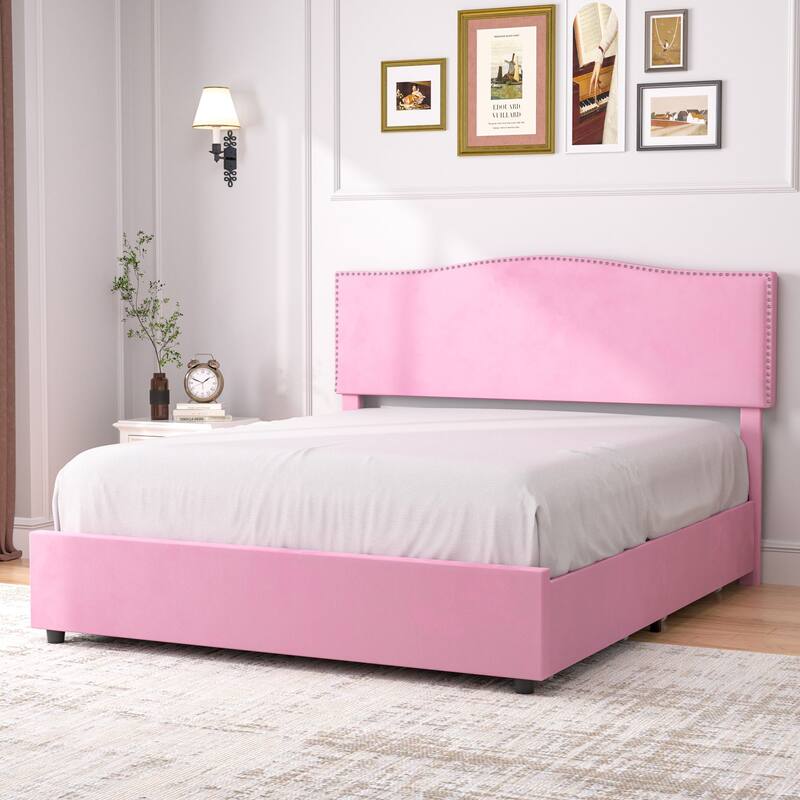 VECELO Upholstered Bed Frame with 4 Storage Drawers Full Queen Heavy Duty Platform with Adjustable Linen Headboard