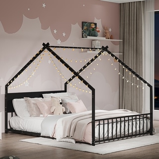 House Bed with Slats, KIds Bed with Roof and Colorful Lights,Full-Size for Home,Black