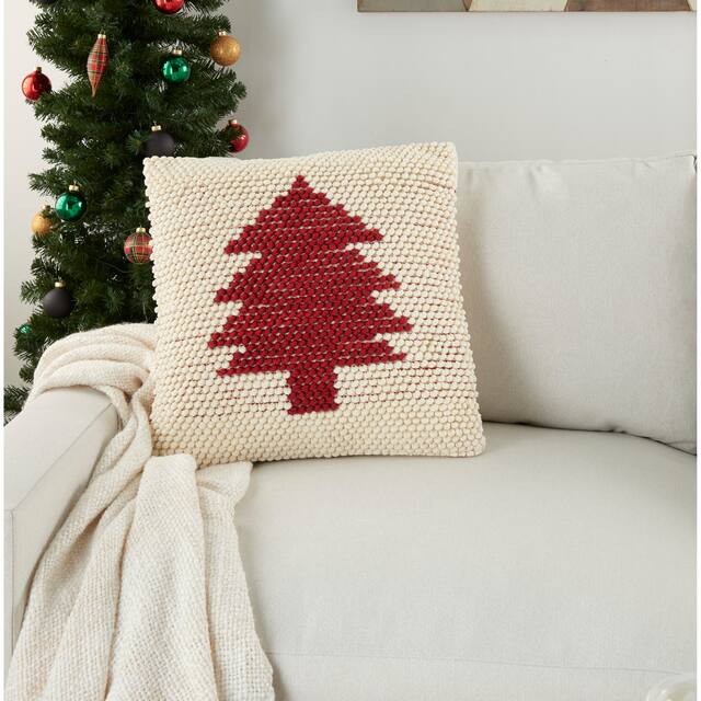 Mina Victory Home for the Holiday Christmas Tree Loops Ivory/Red Throw Pillow by Nourison (20-Inch X 20-Inch) - 20" x 20" - Ivory
