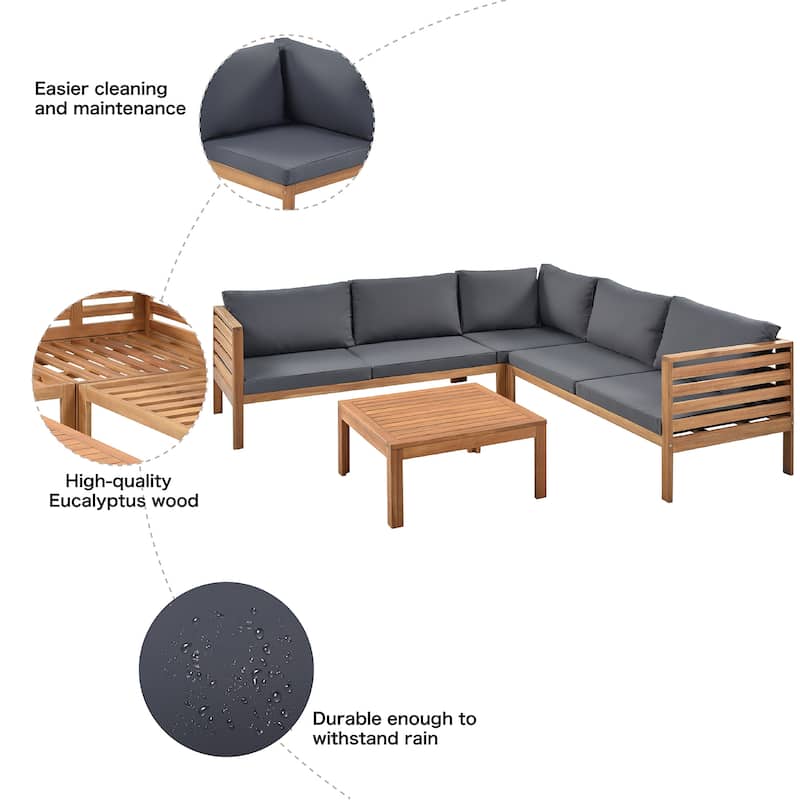 Roomfitters 3-Piece Outdoor Sectional Sofa Set with Coffee Table, Solid Wood Frame L-Shaped Patio Furniture