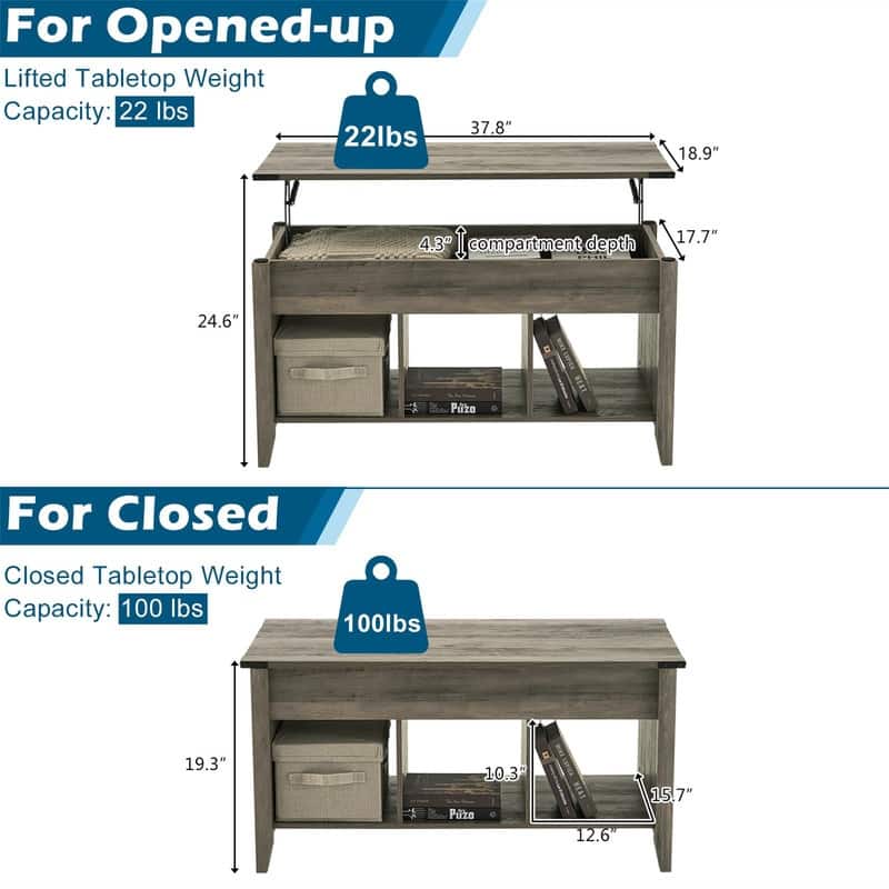 Lift Top Coffee Table with Hidden Compartment - 19.5"D x 40"W x 19.3"H