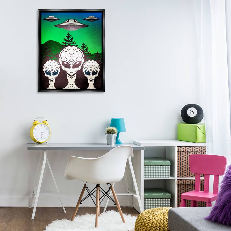 Stupell Vintage Aliens & UFO Framed Floater Canvas Wall Art Design By Kim Allen