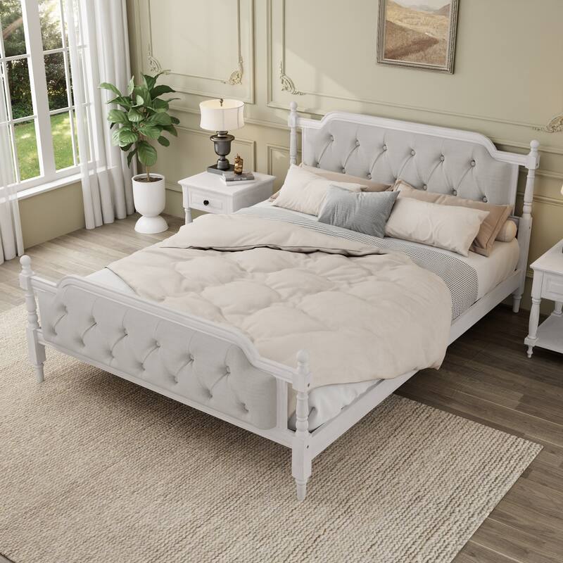 Queen Size Solid Wood Bed Frame with Tufted Upholstered Headboard, No Box Spring Needed, Antique White