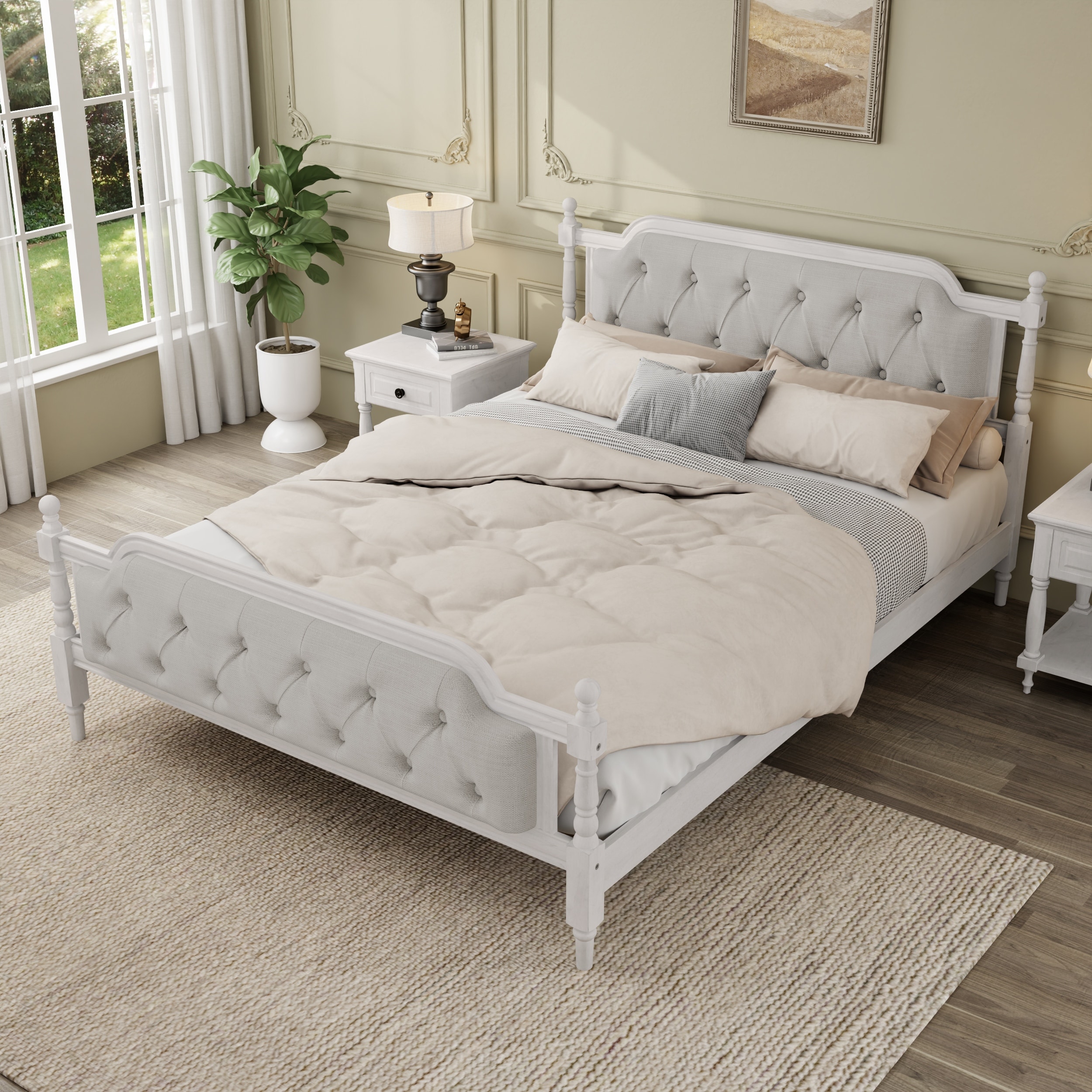 Traditional Style Solid Wood Bed Frame with Upholstered Tufted Headboard