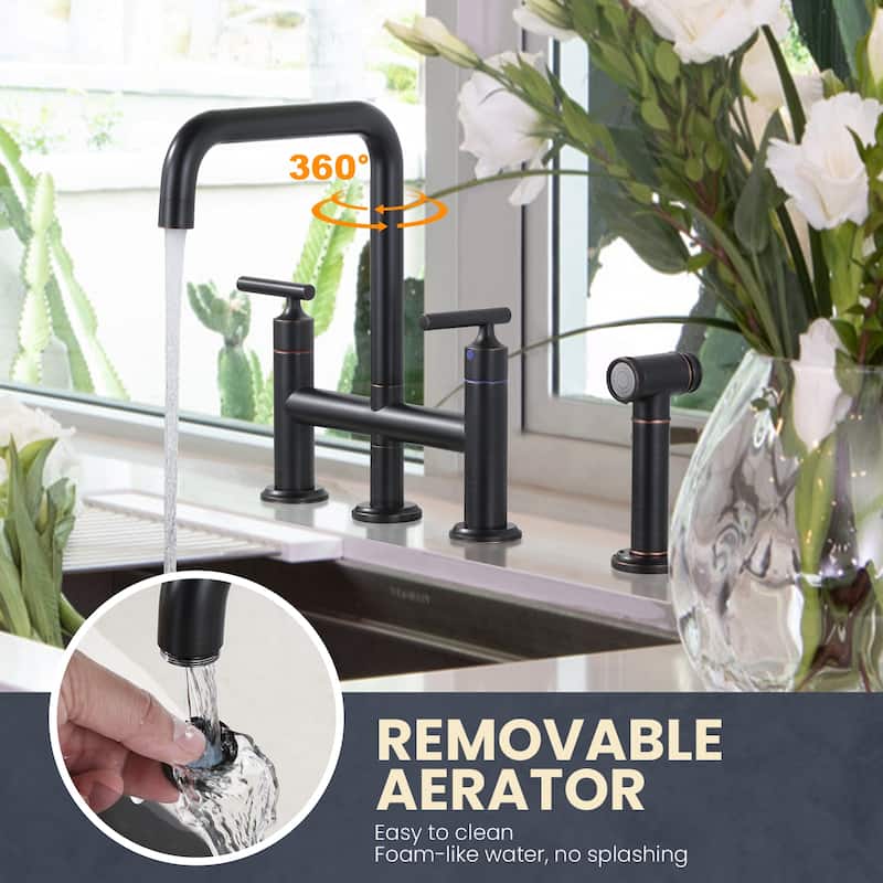 WOWOW Double Handle Bridge Kitchen Faucet with Side Sprayer