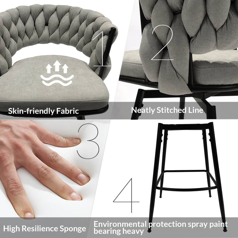 360 Swivel Linen Woven Bar Stool 2pcs Bar Stools with Back Footrest