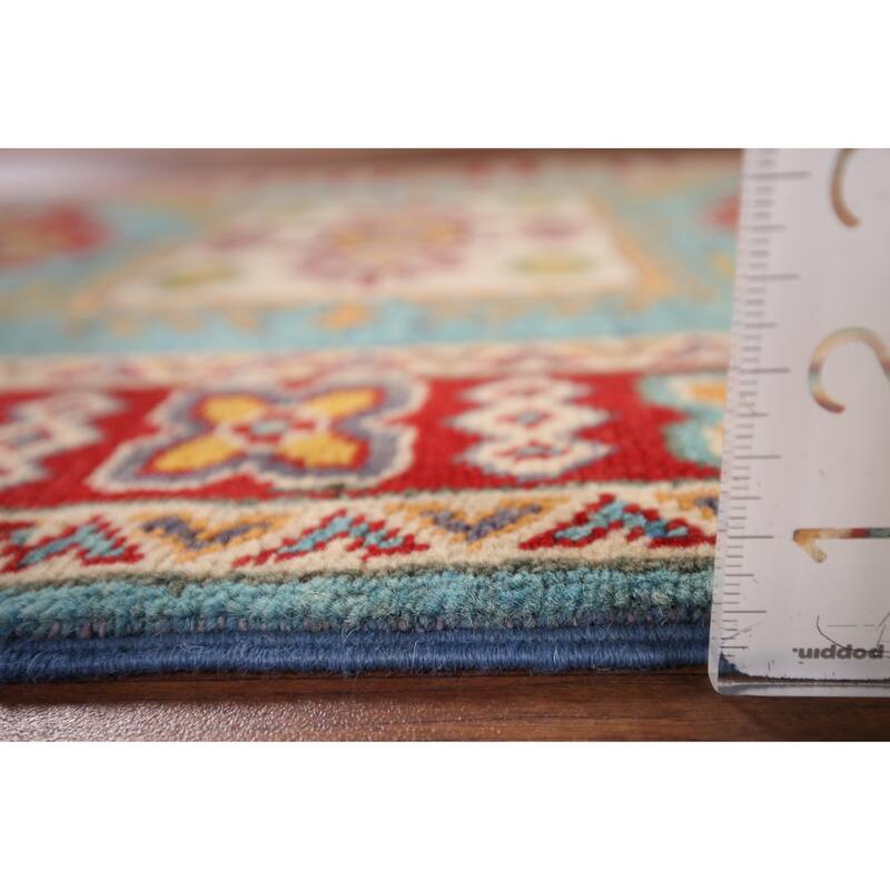 Geometric Blue Kazak Oriental Accent Rug Hand-Knotted Wool Carpet - 2'8" x 3'10"