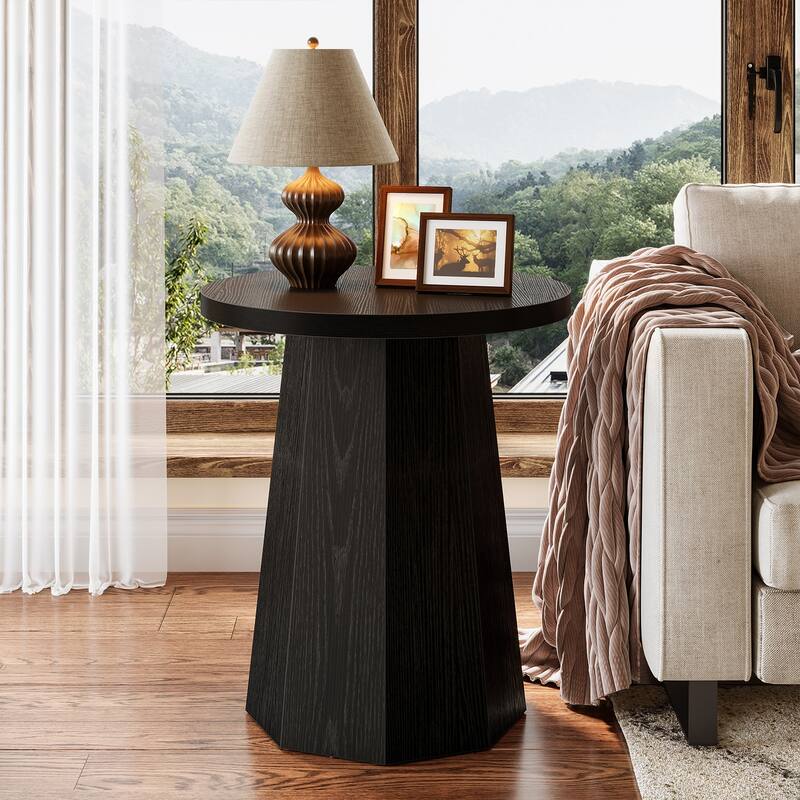 Farmhouse Wood Round End Side Couch Table with Octagonal Base - 1-Piece - Black