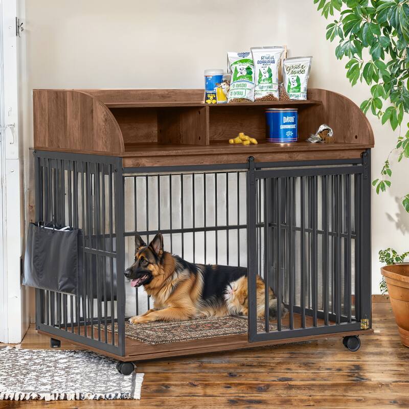 44"Heavy Duty Large Dog Crate Furniture with Lockable Wheels, Wooden Dog Crate Dog Kennel, End Table with Double Layer Storage