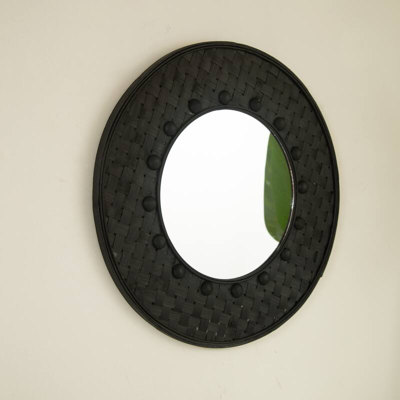 24" Solea Mirror, Hand-woven Black Bamboo Artistry Wall Hanging Circle Mirror, Suitable for Bathroom, Bedroom, Living Room