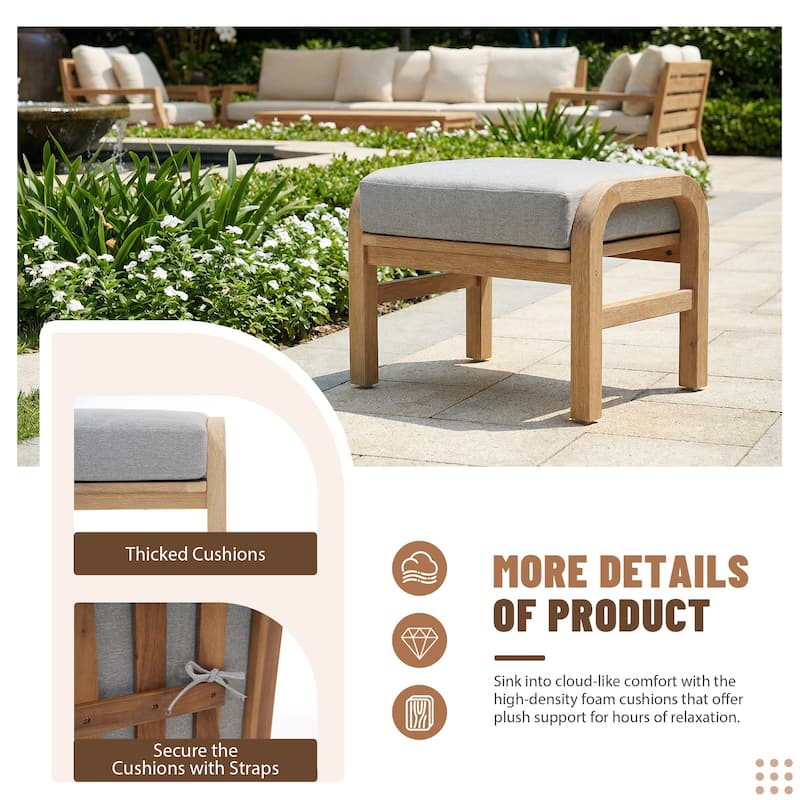 Outdoor Sectional Sofa Set 6-Piece Acacia Wood L-Shaped Corner Sofa Set with Dining Table & Ottoman