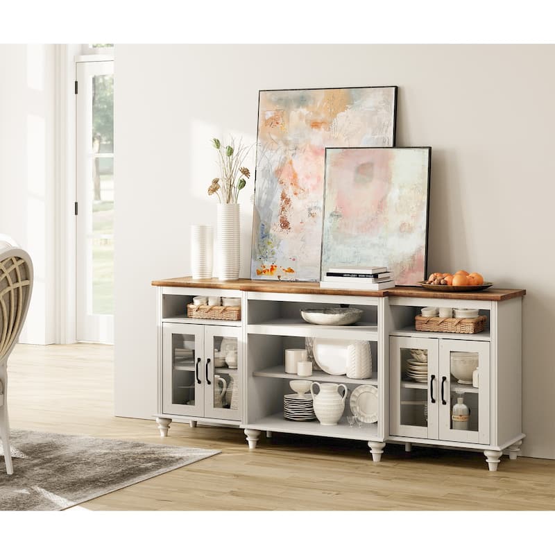 Buffet Cabinet with Glass Doors, Oak Kitchen Cabinet with Storages