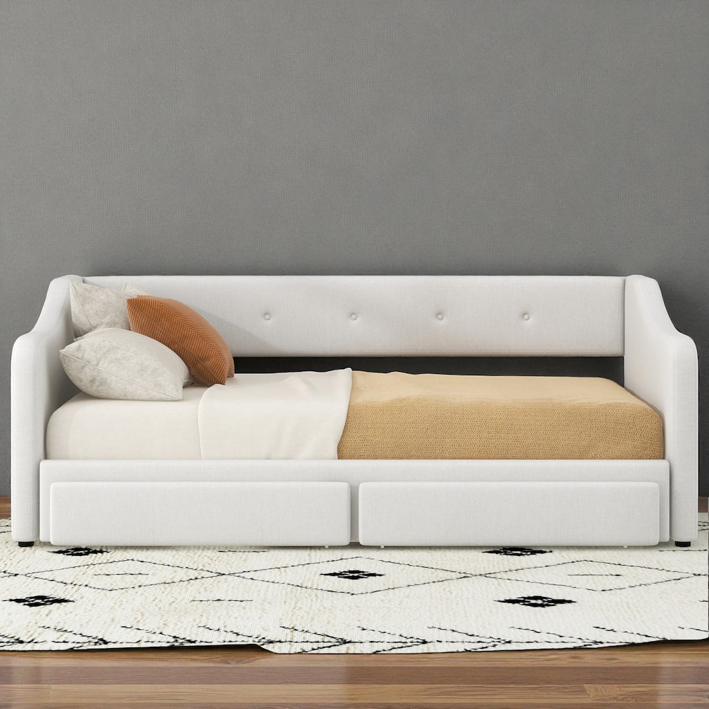 Twin XL Upholstered Daybed with Trundle, Converts to King, 2 Storage Drawers, No Box Spring Needed
