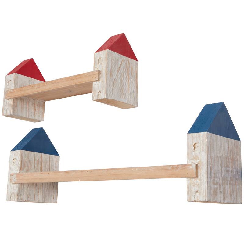 Multi Colored Wood Whitewashed Light House Wall Shelf with Red and Blue Accents (Set of 2) - 24", 16"W